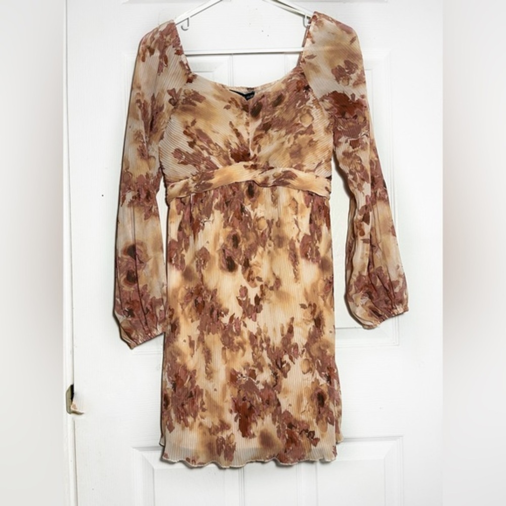 New Sincerely July Accordion pleated Floral Women’s Mini Dress, Long Sleeve Sz M